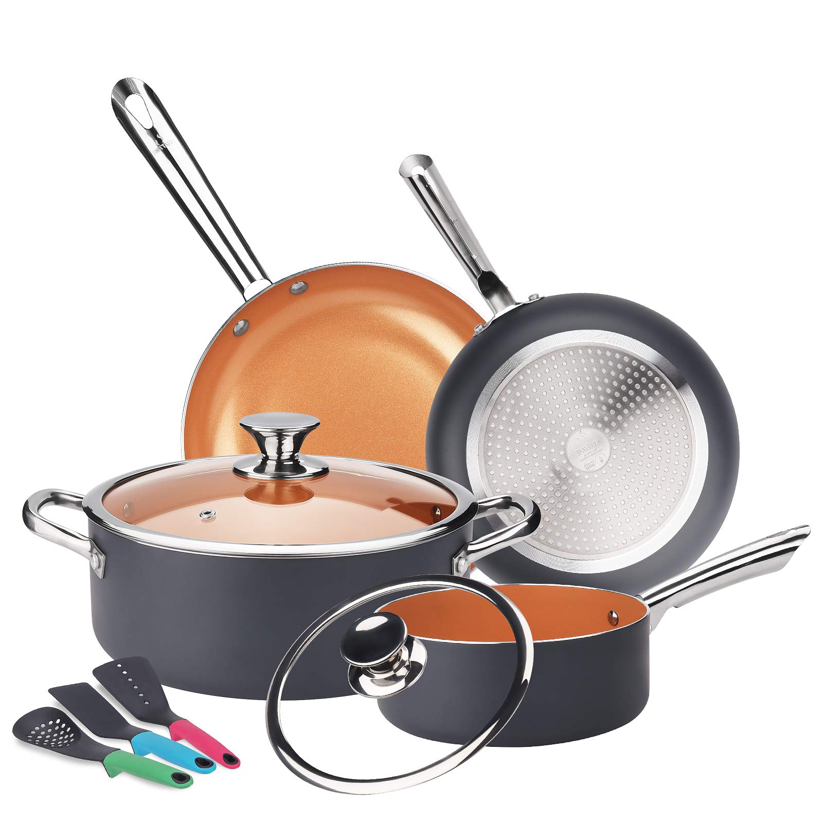 KUTIME Cookware Set 9pcs Non-Sick Pots and Pans Set Ceramic Coating Frying Pan Grill Pan Sauce Pan Stockpot with Lids, Gas...