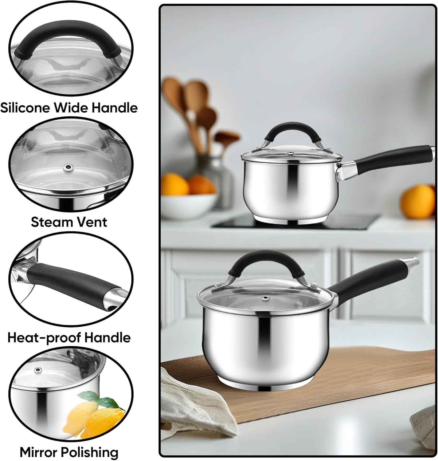 E-far 1 Quart Sauce Pan with Lid, Tri-Ply Base Stainless Steel Small Saucepan with Stay-Cool Handle, Non-toxic Kitchen Cooking Sauce Pot, Compatible with All Cooktops, Dishwasher Safe - Image 4