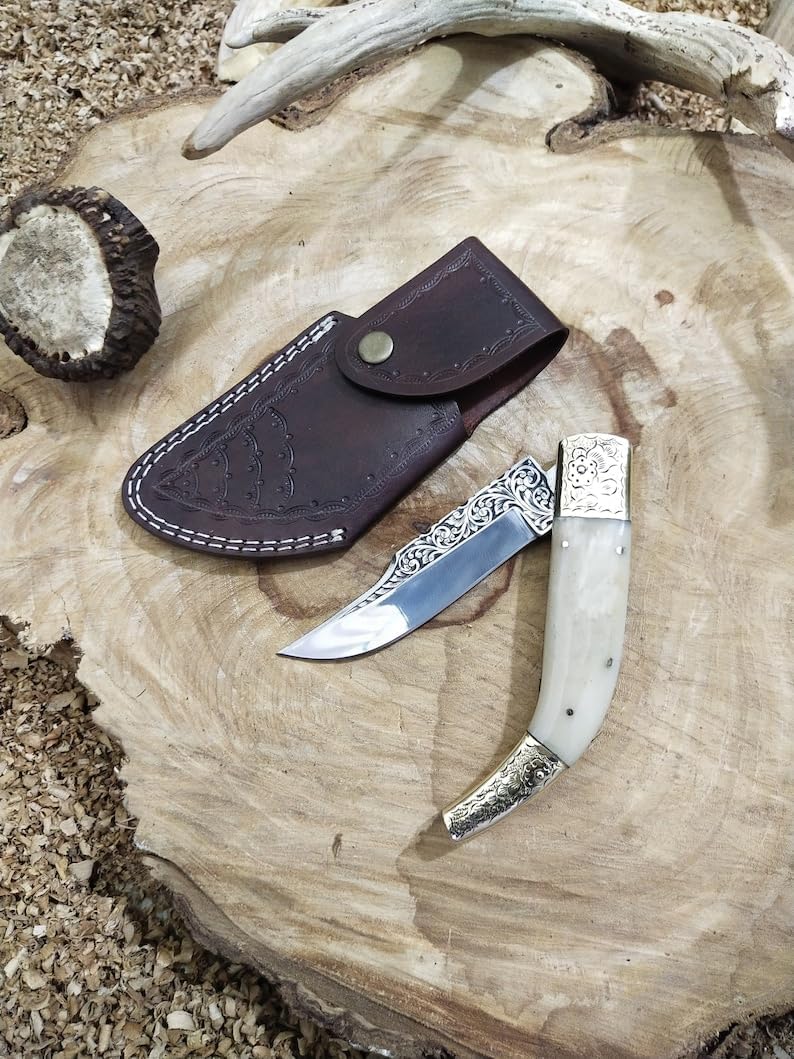 11" Handmade Pocket Knife with Brass Engraved Bolster, Folding Knife, Best gift knife, Gifts for Husband, Personalized gifts for him