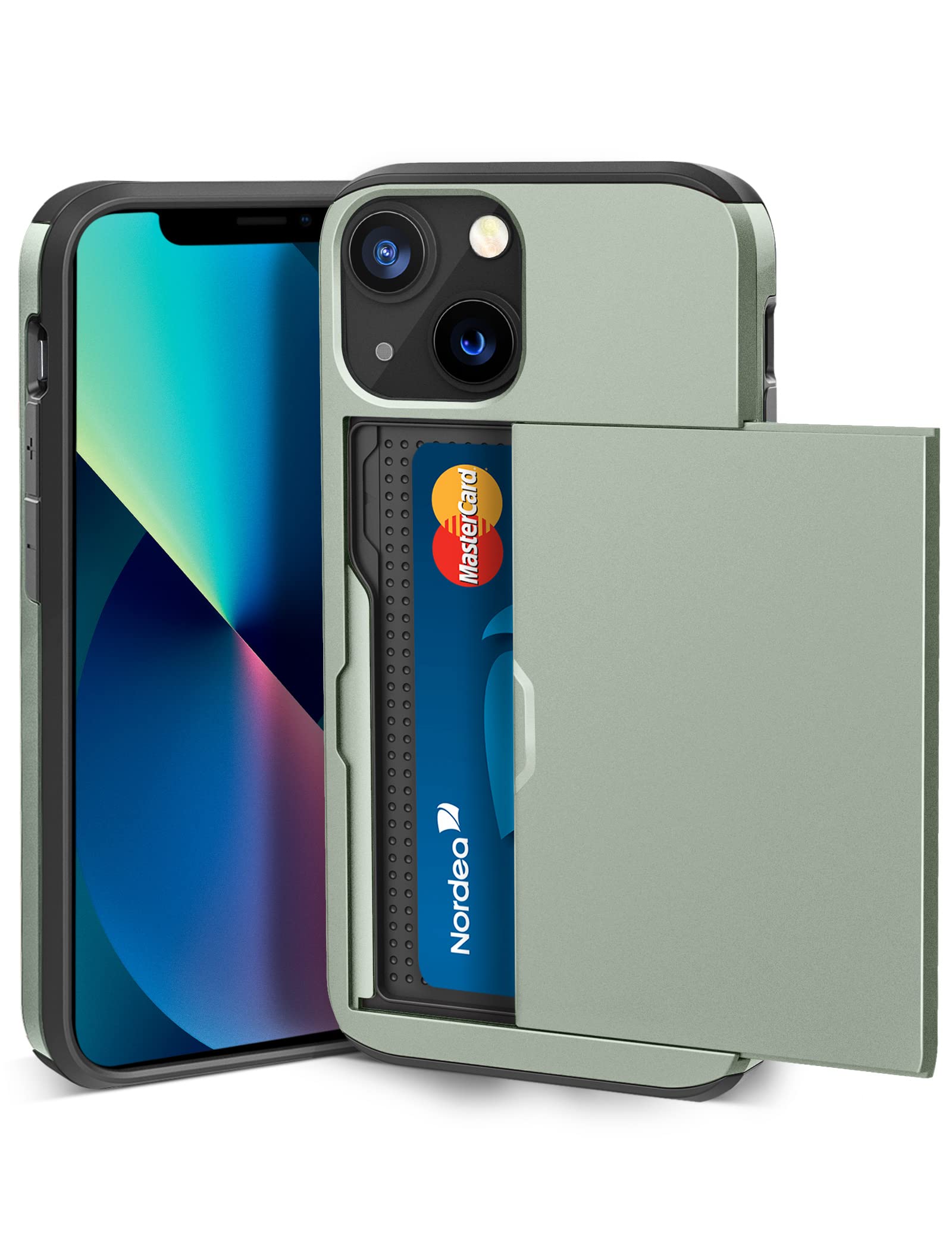 for iPhone 13 Case with Card Holder Sliding Cover Hidden Pocket IDs Credit Cards Slot Heavy Duty Shockproof Protective Dual Layer Wallet Phone Cover Back Shell for Men Women 6.1" Army Green