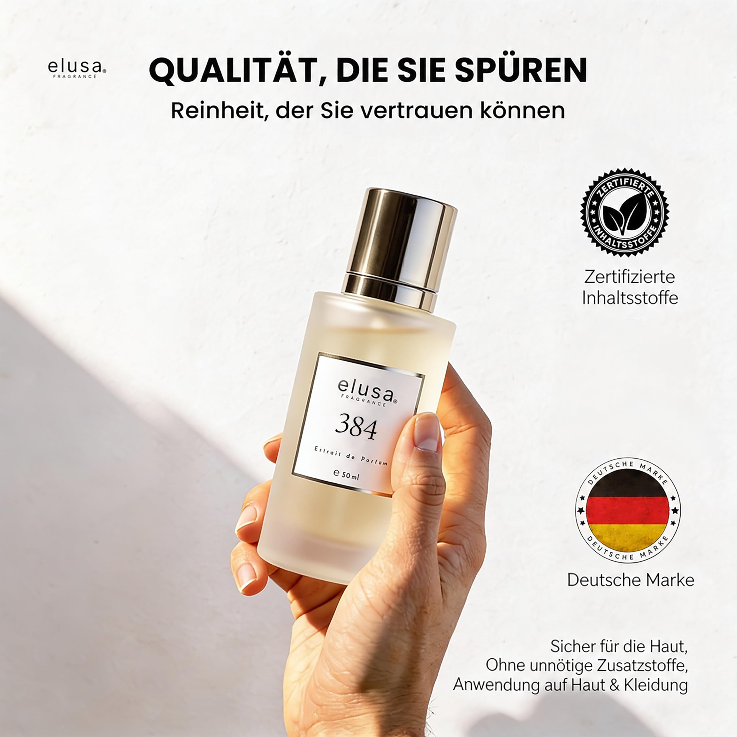 Elusa Fragrance 384 Extrait de Parfum 50 ml, profumo unisex da donna e uomo, fragranza orientale legnosa con oud, vaniglia e lavanda, dolce, speziato e di lunga durata