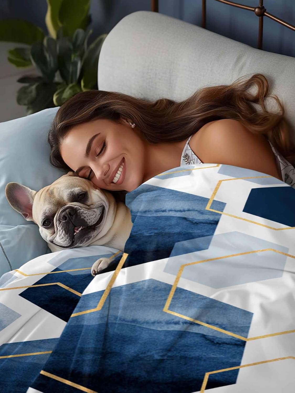 Navy Blue Marble Flat Bed Sheet King Size, Microfiber Bedding Mattress Top Sheets Deep Pocket Throw Blanket for All Seasons, Gold White Geometric Hexagon Modern Soft & Breathable Hotel Quality Quilt