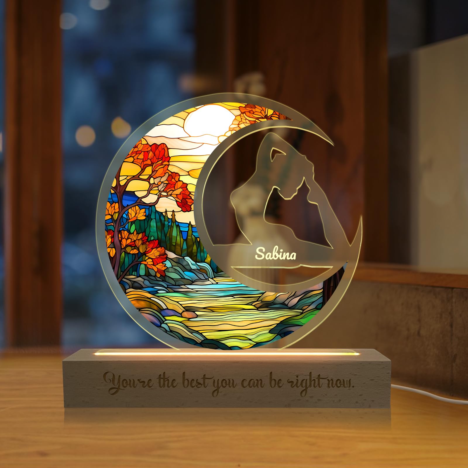 Custom Acrylic Moon Night Light with Text, Personalised Name Acrylic Night Light for Yoga Lovers, Customised Night Light Bedroom Decoration, Personalised Gifts for Women, Family, Friends, Besties