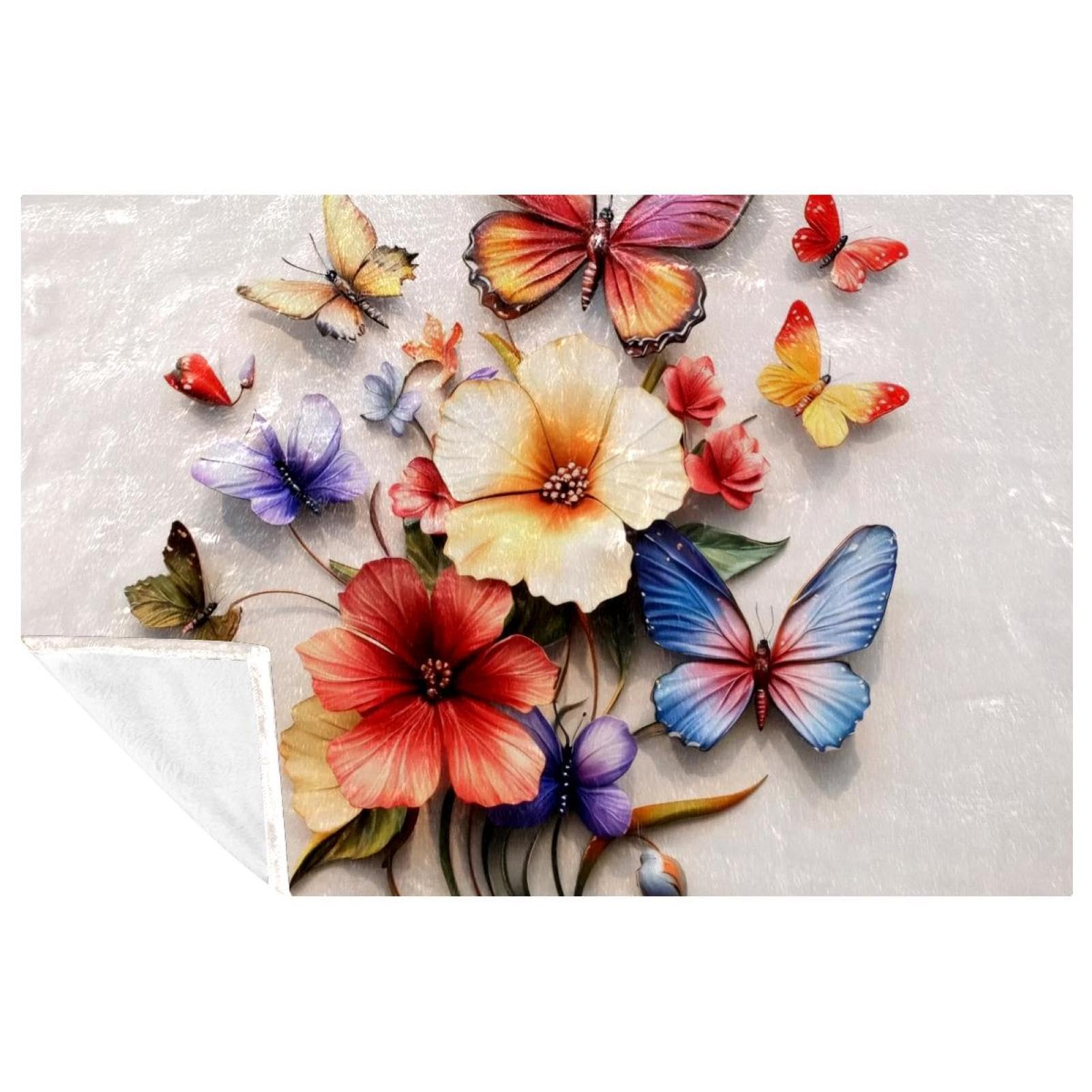 Couverture douce papillon et hibiscus 150x100 cm pour lit et canapé