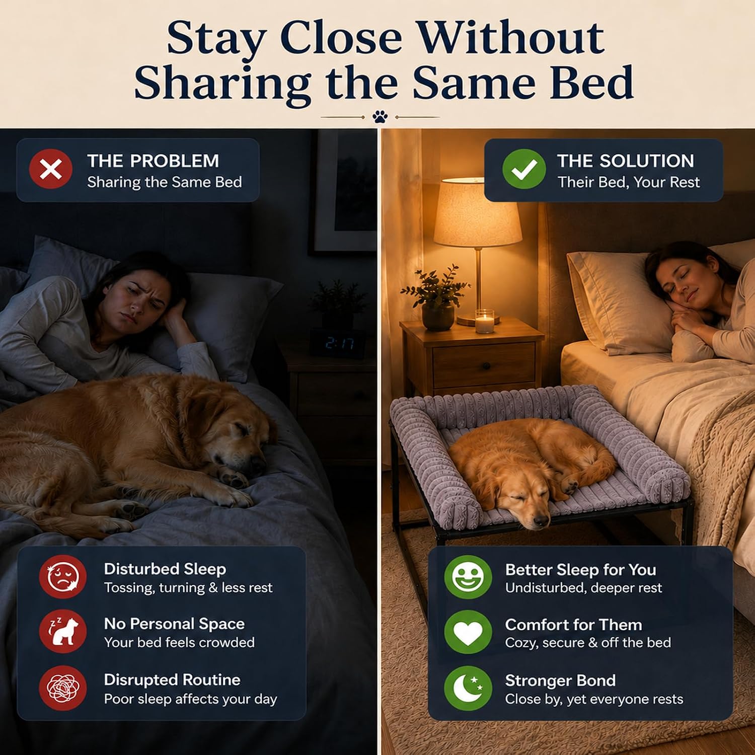 Adjustable Bedside Dog Bed for Medium Dogs | Elevated Co-Sleeper Dog Bed with Metal Frame, Thick Supportive Cushion Mattress & Washable Cover, Dog Bedside Sleeper