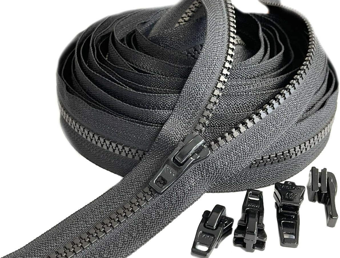 YKK #5 Medium Weight Vislon Molded Plastic Zipper Chain - 5 Yards and 2 100% Plastic #5 Vislon Sliders with Top & Botom Stops Included. Color: Black. Made in The United States.