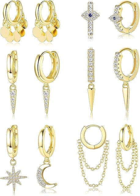 Adramata 6Pairs Moon Star Dangle Hoop Earrings Evil Eye Huggie Hoop Cute Earring CZ Spike Hinged Tassel Chain Drop Dangle Cartilage Earring Set for Women Men