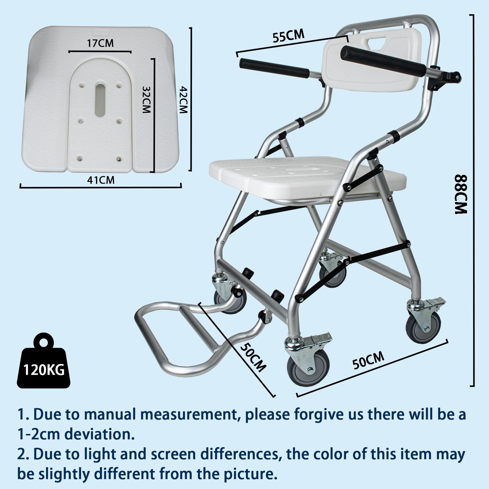 Taburete de Ducha Plegable con Ruedas para Personas Mayores | 120KG Silla de Ducha con Ruedas, Blanco Silla de Baño y Ducha Discapacitados con Reposabrazos y Respaldo