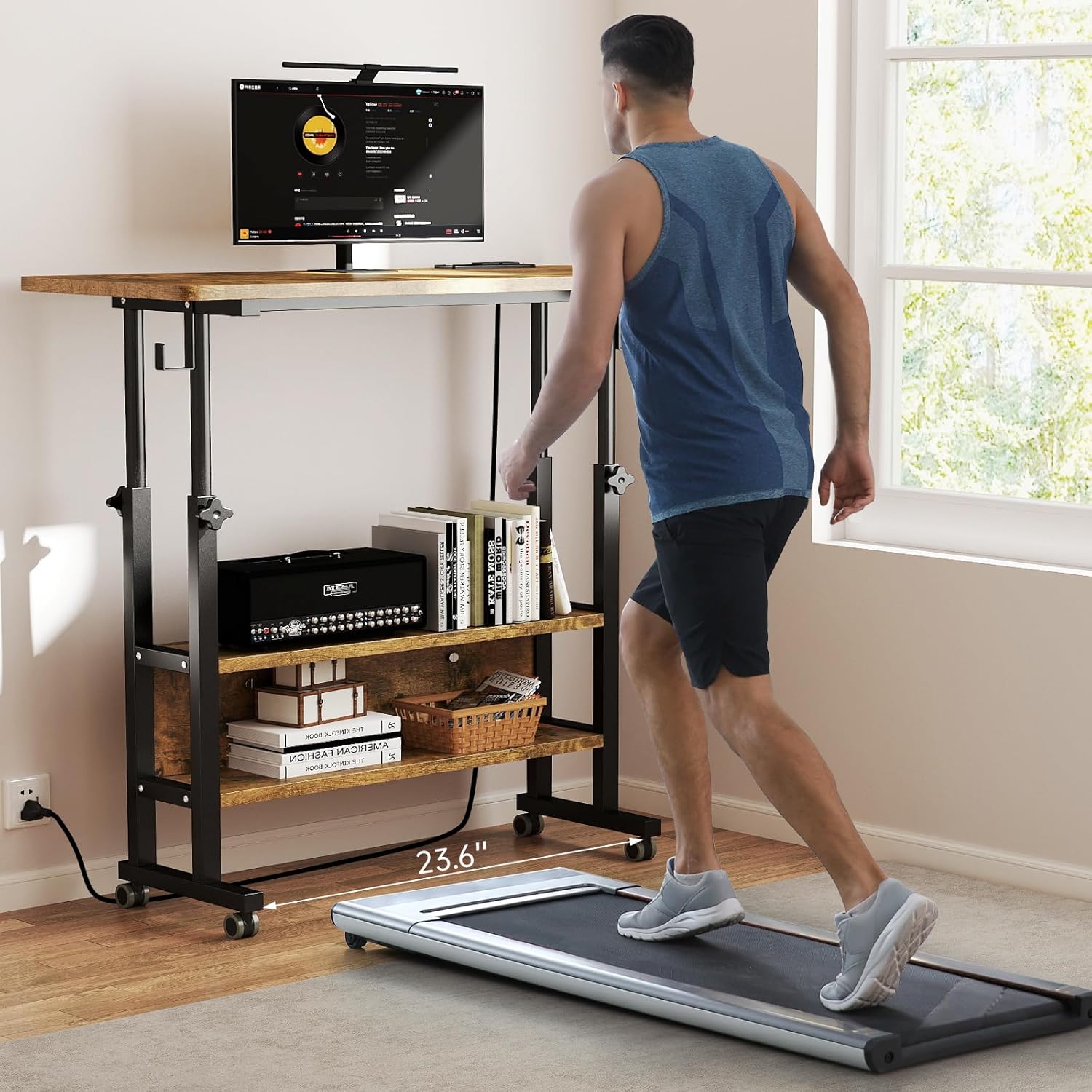 Hadulcet Small Standing Desk with Charging Station, Rolling Desk Adjustable Height, Mobile Laptop with Wheels, Portable Stand Up for Treadmill Walking Pad, 32" Rustic Brown