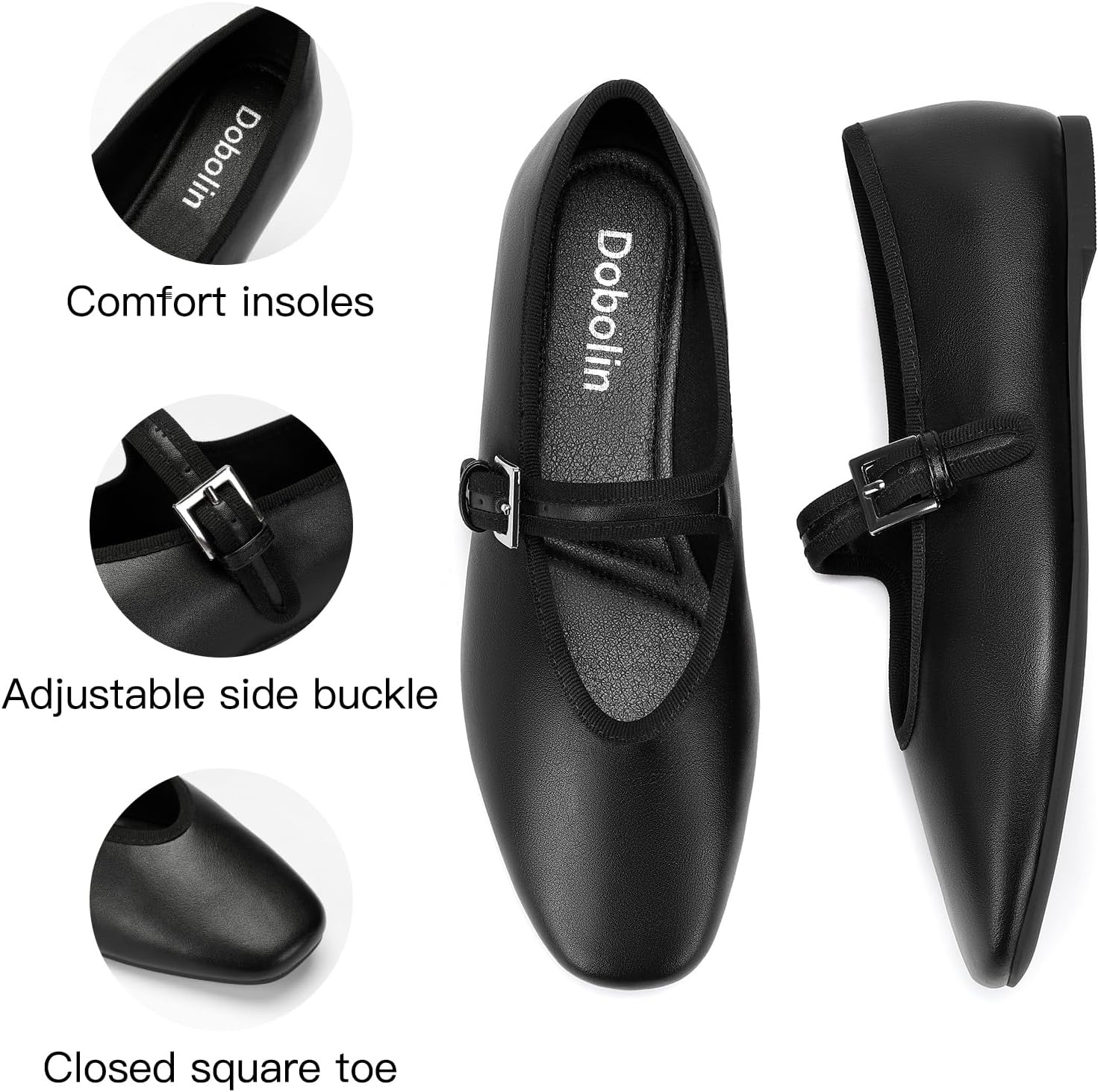 Women's Square Toe Mary Jane Ballet Flats Shoes with Adjustable Strap