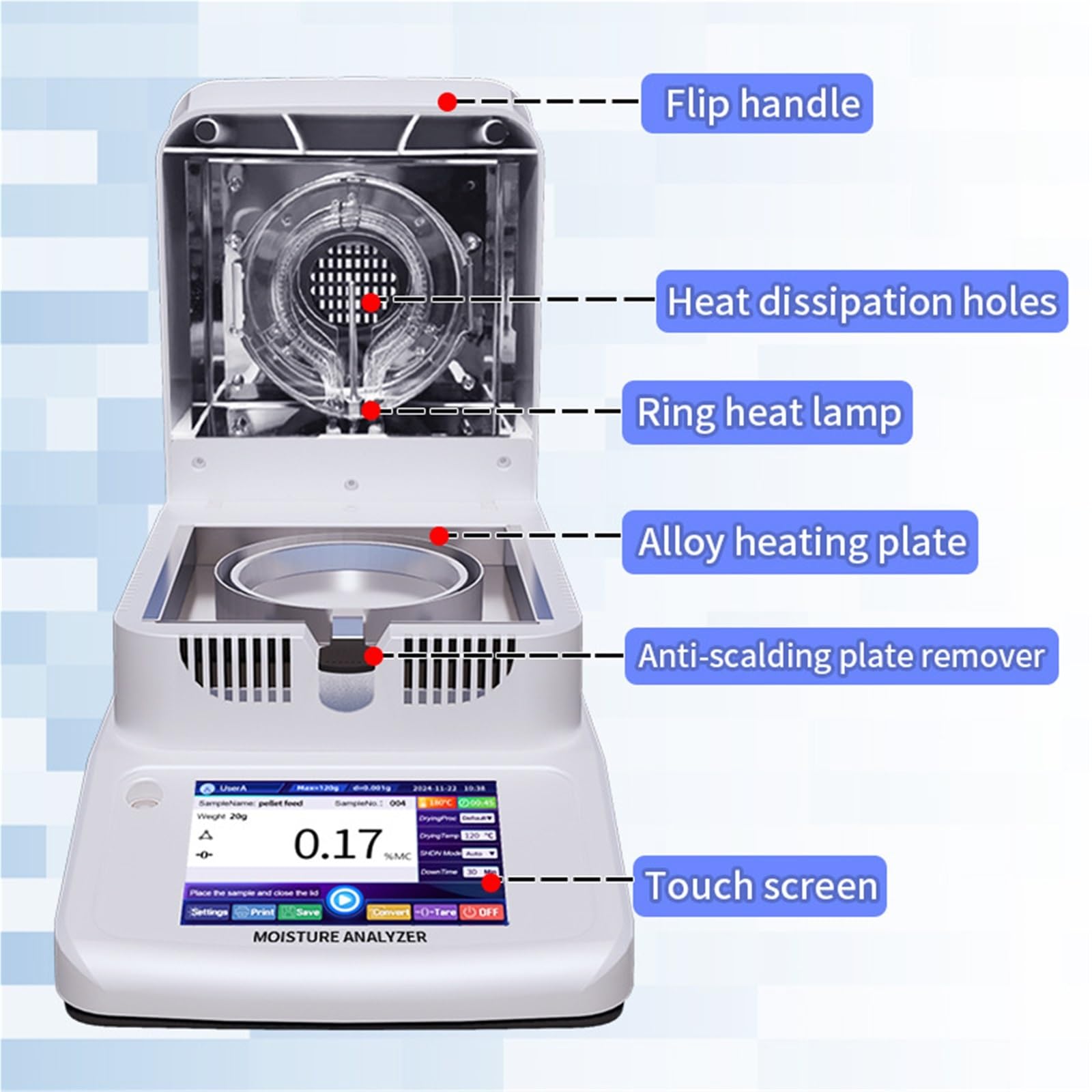 120 g przenośny halogenowy miernik wilgotności, laboratoryjny halogenowy analizator wilgotności z 5-calowym ekranem dotykowym LCD, dokładność 0,001-0,005 g, halogenowy miernik wilgotności(0.002G)