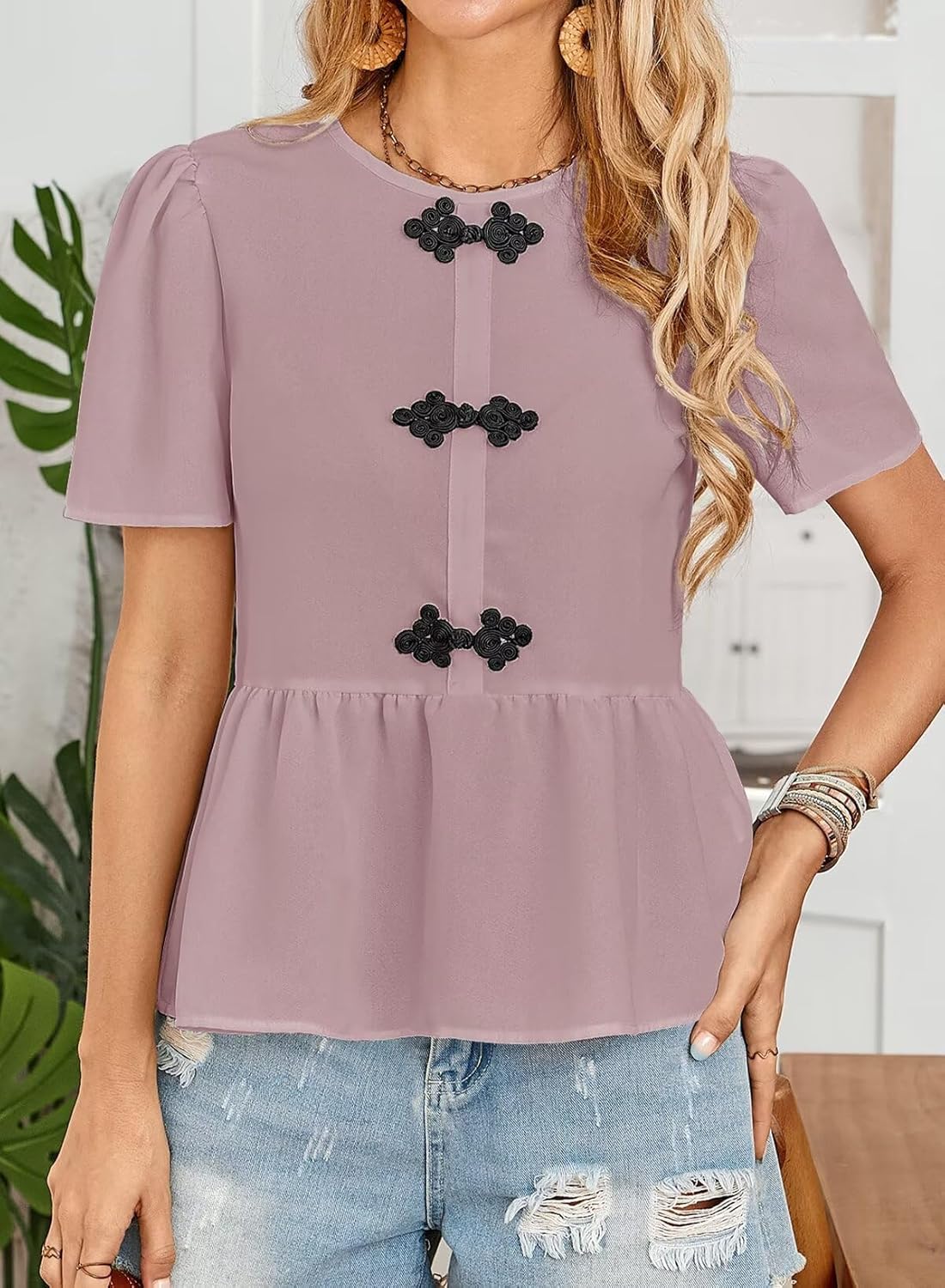 Women's Tunics Babydoll Top Short Sleeve Summer Tops Crew Neck Ruffle Pleated Blouse Tee Shirts - Image 2