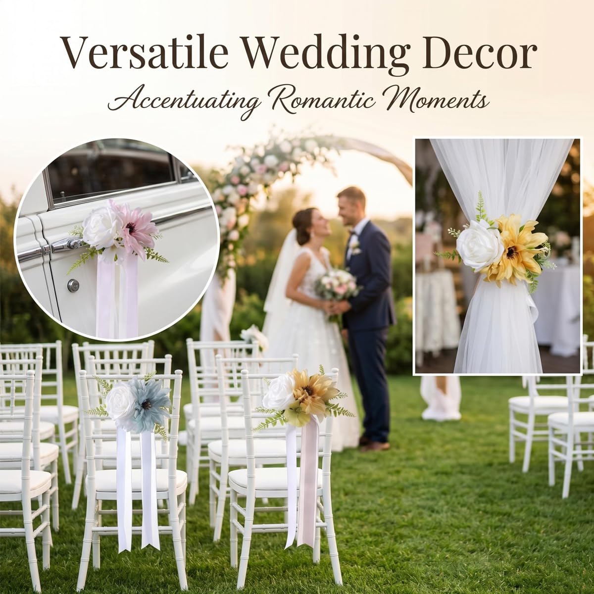 6 Stück Hochzeit Autoschmuck, Hochzeitsdeko, Vielseitige Hochzeits Stuhl Rückenblumen, Wiederverwendbare Künstliche Blume für Hochzeit, Zeremonie, Empfang, Blumendekorationen für Kirche Hellblau
