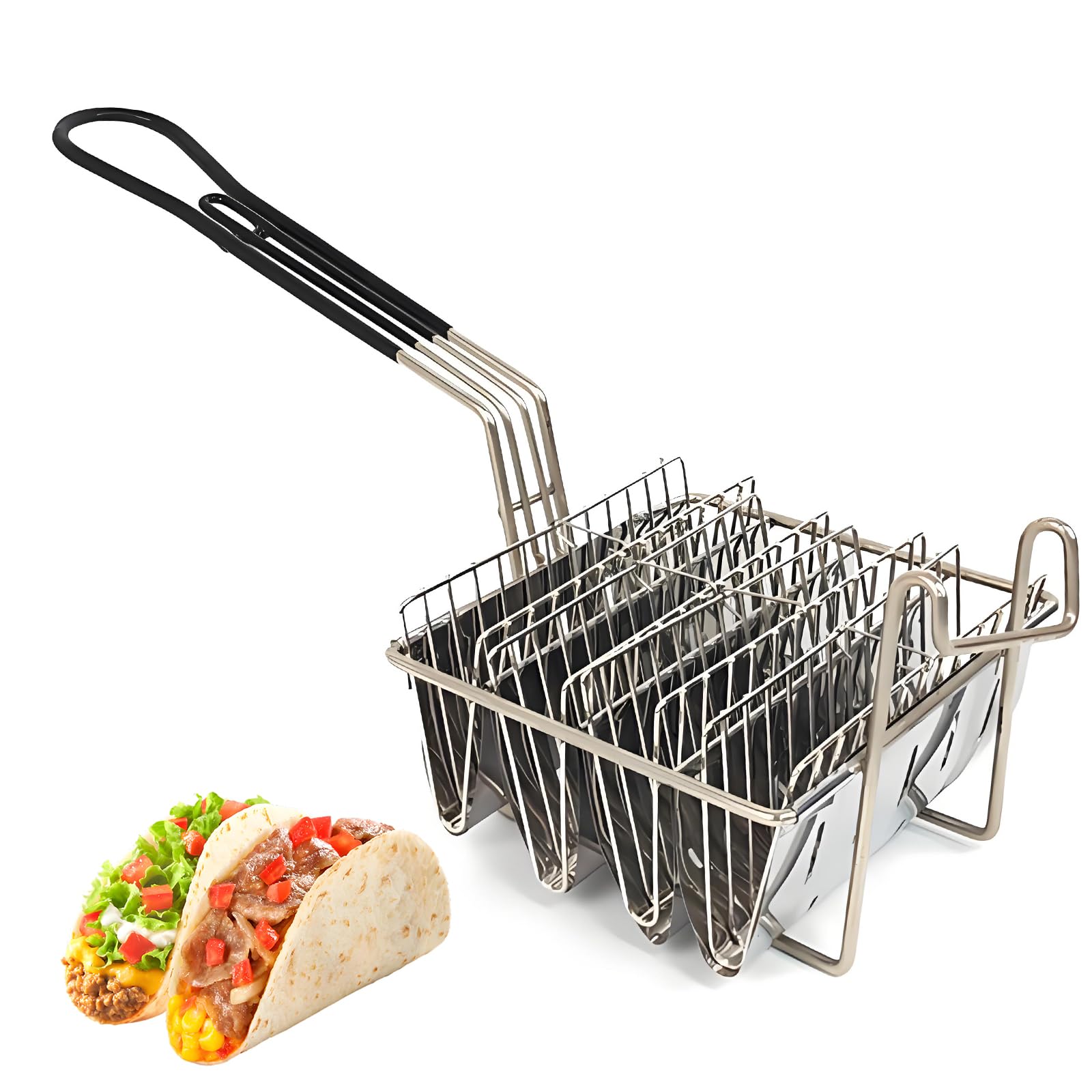 Yuehuamech 4 Shell Taco Fryer Basket, Tortilla Fryer Basket, Deep Fryer Taco Holder for Frying, V- Shaped Taco Shell Mold with Grip Handle for Kitchen Fried Chichen Shop