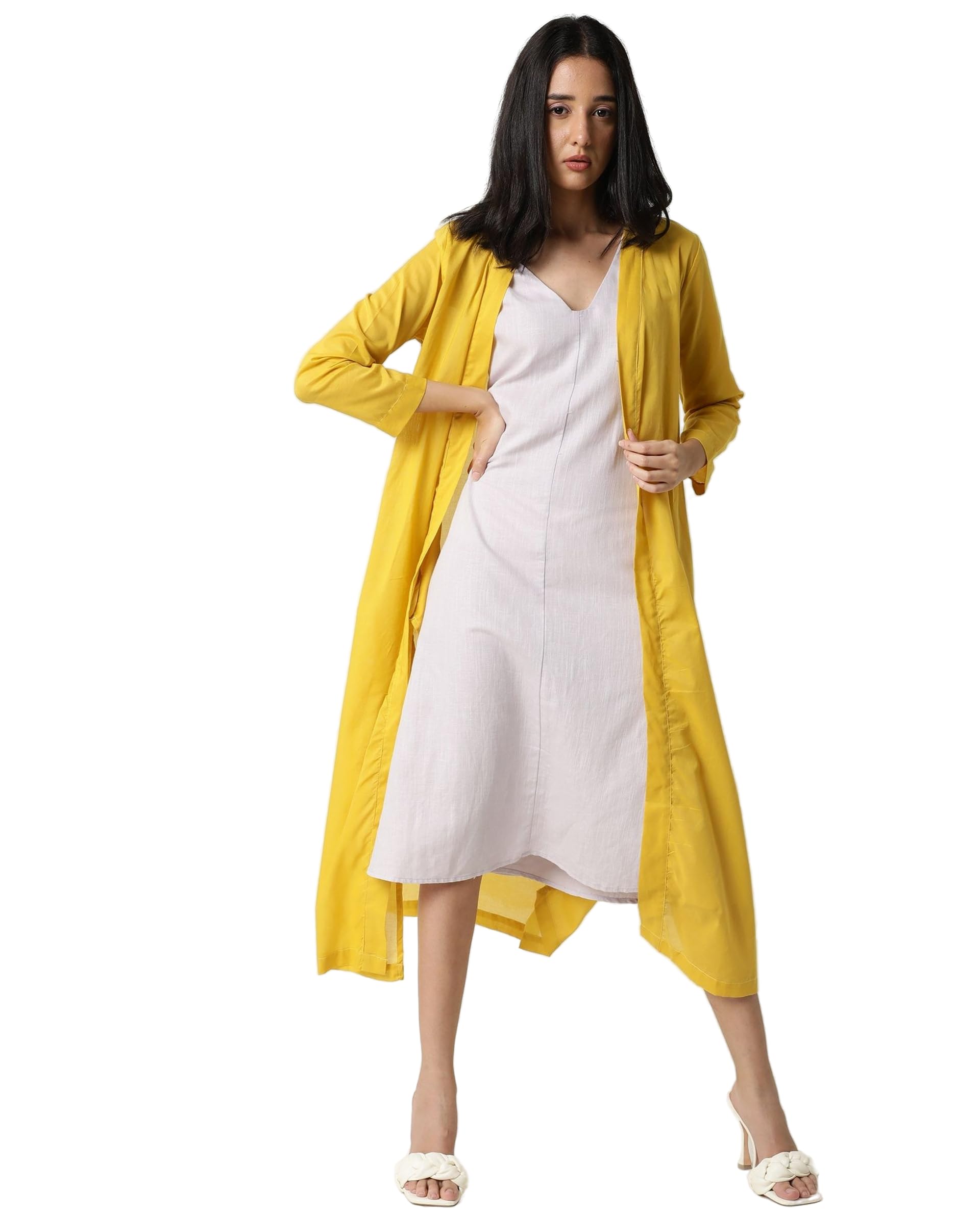 rareism Regular Solid Yellow Cotton Collarless 3/4 Sleeve Shrug-picture-17