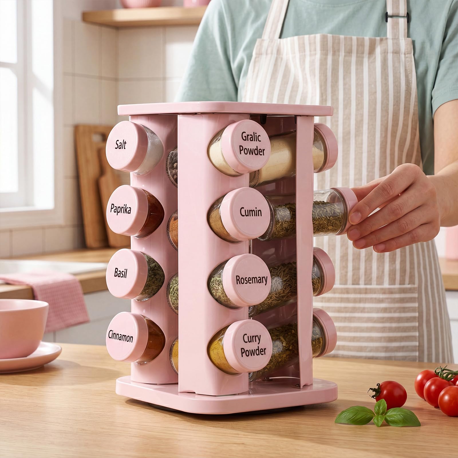 Yungyan Rosa quadratisches drehbares Gewürzregal Gewürz-Organizer mit 16 leeren Gläsern, Gewürzbehälter-Set mit Etiketten und Trichter, drehbares Gewürzregal für Küchenzubehör