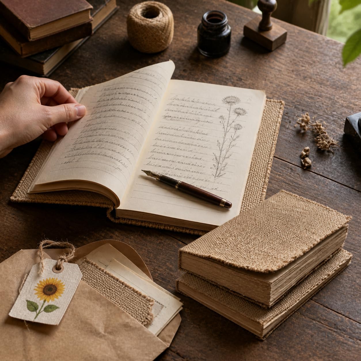 Vintage Notizbuch, Fadenbindung, Blanko , 2 Notizbücher (Cremeweiß innen)