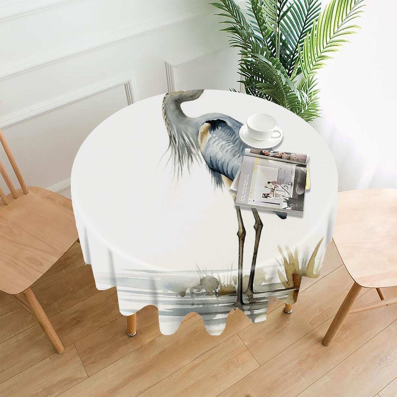 Long-beaked Heron Tablecloth Exquisite Wrinkle-Free Straight-Edge Round Table Cloth Anti-Fading Premium Polyester Tablecloth Waterproof Folding Table Cloths for Tables Decor