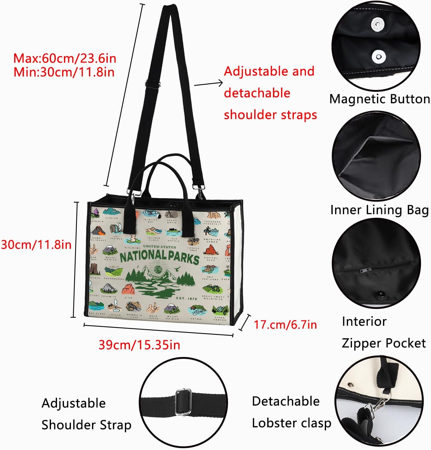 POFULL National Parks Checklist Gift Traveler Shoulder Bag National Park Hiking Gift US National Parks Tote Bag - Image 4