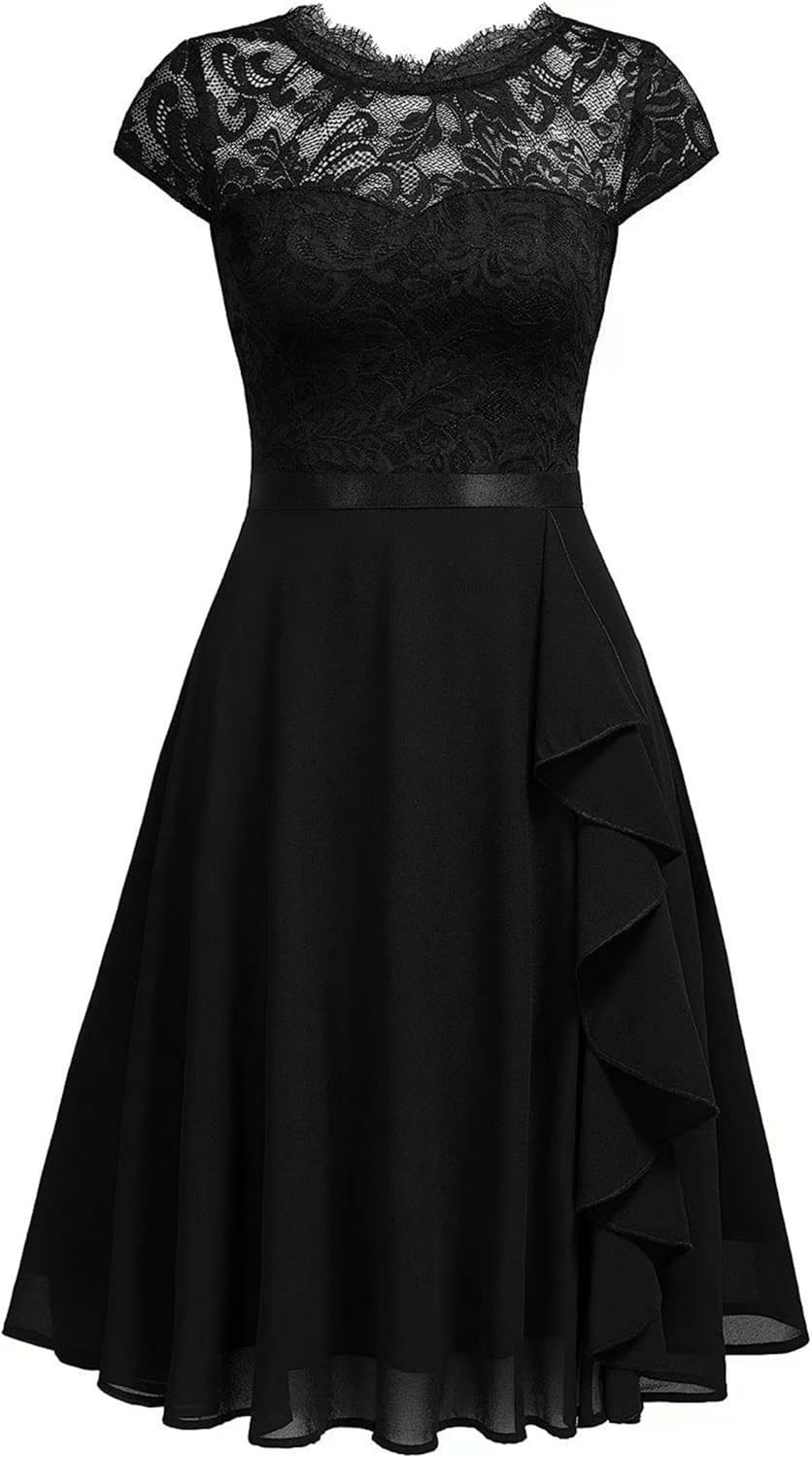 Women's Lace Cocktail Dresses A-Line Ruffle Wedding Guest Dress
