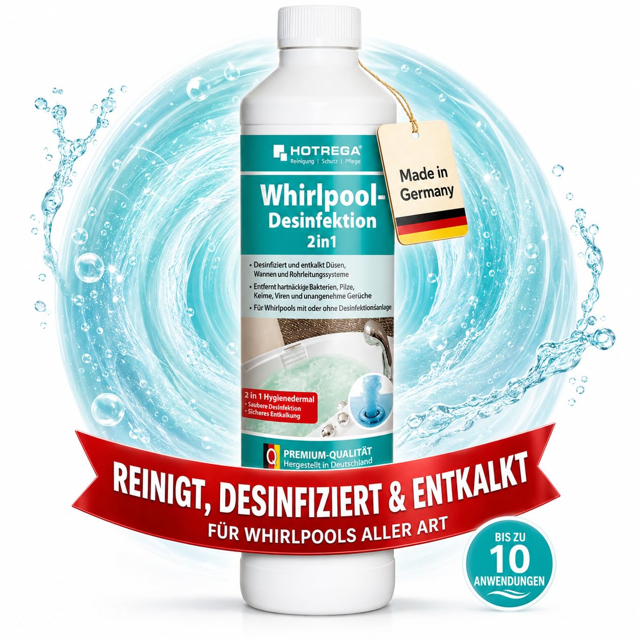 HOTREGA Whirlpool Desinfektionsmittel 2x 500ml | Biozid Entkalker & Pflege | Whirlpool Reiniger für Düsen, Wannen & Leitungen | Gegen Bakterien & Viren | Effektive Whirlpool Desinfektion | 1L Set