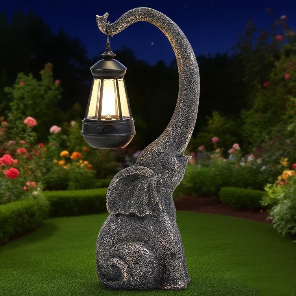 Elephant Garden Statue Solar Lights Outdoor Elephant Statue Porch Decor for Outside Patio Lawn Porch Balcony, Yard Art Lawn Ornaments Elephant Decor Birthday Gifts for Women Mom Grandma Animal Lovers