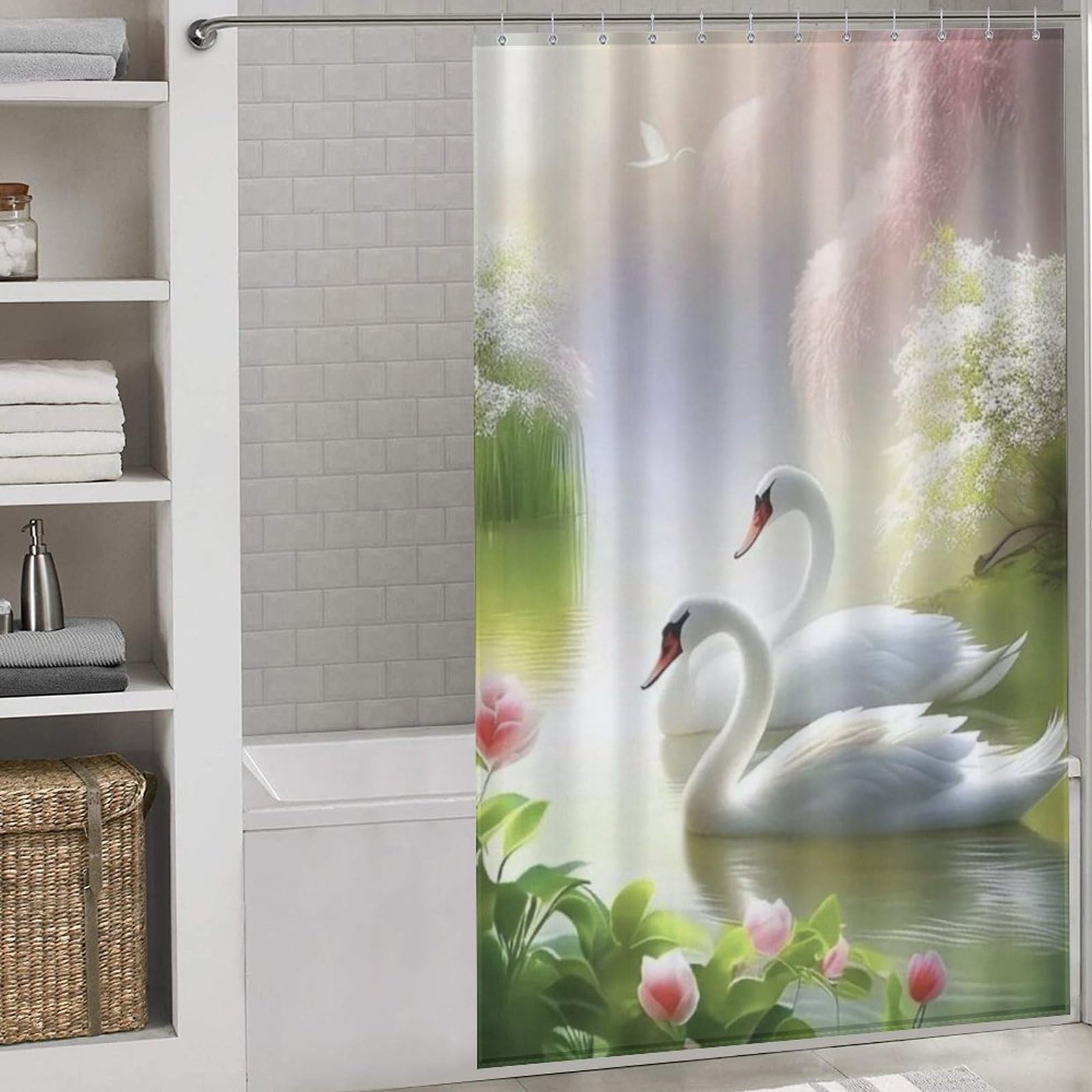 Rideau de douche cygne anti-moisissure en tissu lavable pour baignoire