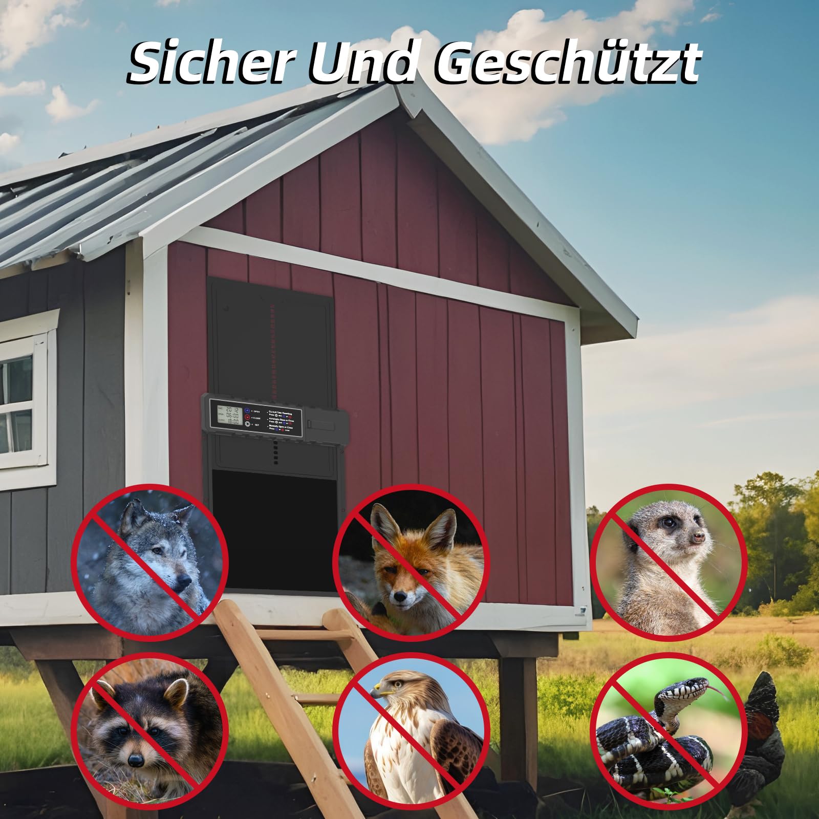 Aluminium Automatische Hühnerklappe - Elektrische Hühnerklappe mit Wasserdicht Großes Display, Timer, Klemmschutzfunktion - Automatisch für Hühner, Ente, Gans, Häschen, Kratzfest