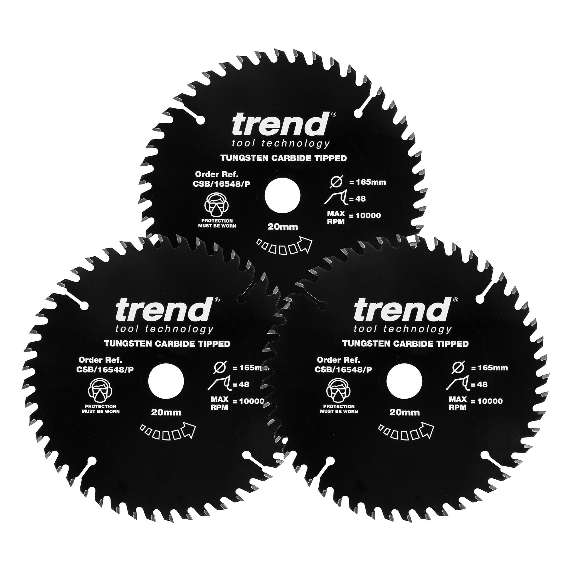 Trend Black Wood Ptfe Circular Saw Blades, Triple Pack, 165Mm Diameter, 20Mm Bore, 48 Teeth, Tct, 2.2Mm Kerf, 3 Pack, Csb/165/3Pkap