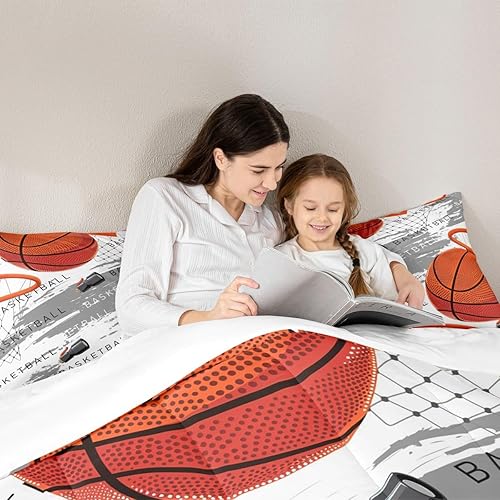 Miniatura 2 de Juego de edredón de baloncesto, tamaño matrimonial, juego de ropa de cama con estampado de baloncesto naranja, 3 piezas para niños, adolescentes,