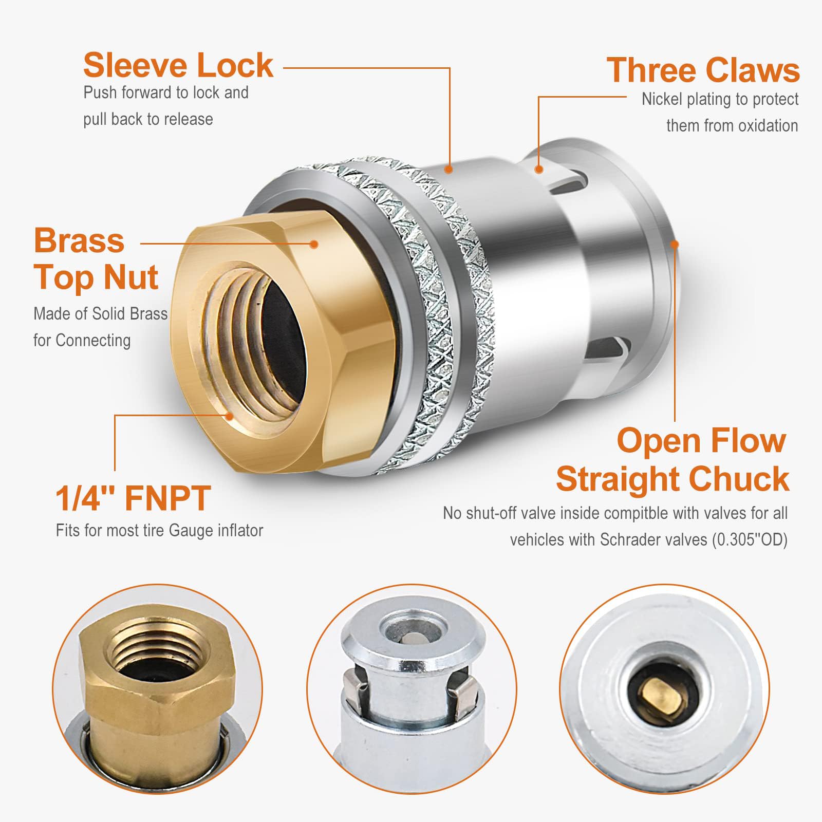Unifizz Lock On Air Chuck Brass Open Flow Straight Locking Air Chuck Quick Connect 1/4'' FNPT Tire Chuck for Pressure Gauge Tire Inflator Compressor Accessories - Image 2
