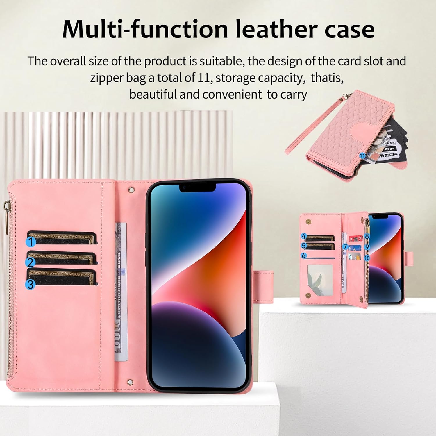 Asuwish Phone Case for iPhone 14 6.1 inch Wallet Cover with Tempered Glass Screen Protector and Wrist Strap Leather Flip Zipper Card Holder Cell iPhone14 5G i i-Phone i14 iPhone14case Women Rose Gold