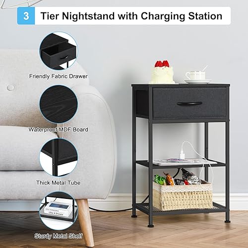 Miniatura 4 de Mesita de noche de 3 niveles moderna con estación de carga, pequeña mesita de noche negra con 1 cajón mesa auxiliar con almacenamiento para sala de