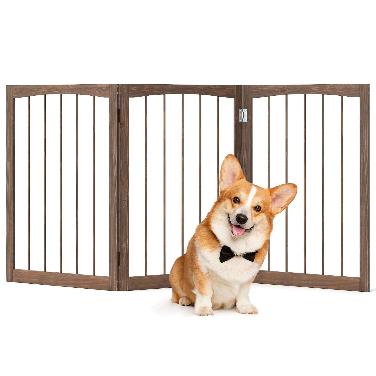 COSTWAY Barra para Perros Plegables, Barrera de Seguridad para Interiores, Separador de Habitaciones de 3 Paneles Plegable y Autoportante para Mascotas Pequeños y Medianos (Marrón)