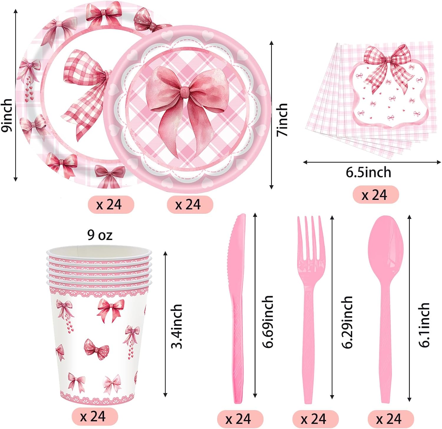 168PCS Pink Bow Happy Birthday Decorations,Happy Birthday Plates and Napkins Party Supplies,Pink Bow Paper Plates and Napkins with Pink Plastic Forks Knives Spoons Serve 24 Guests - Image 2