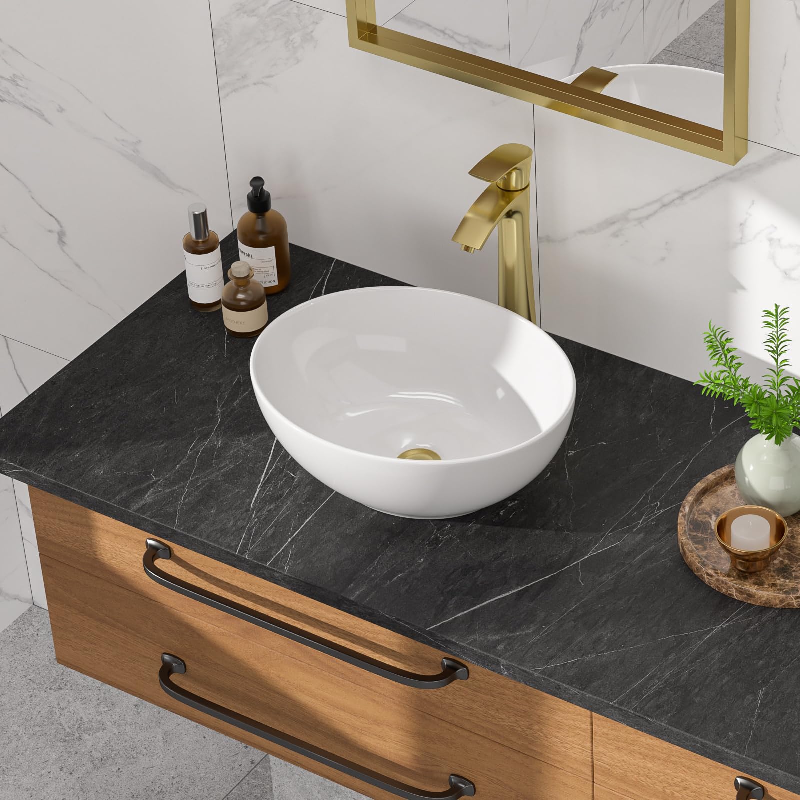 Fregadero ovalado de 15-3/4 pulgadas de ancho x 13 pulgadas de profundidad, fregadero de baño de cerámica de forma ovalada, lavabo de porcelana blanca, lavabo artístico