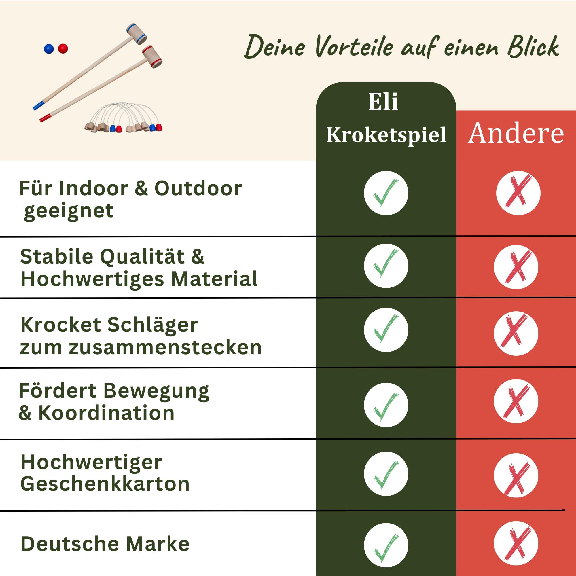 Eli® Jeu de croquet pour enfants avec raquette – Cibles et balles en bois – Kit de crocket pour l'intérieur et l'extérieur – Jouet à partir de 3 ans – Jouet en bois