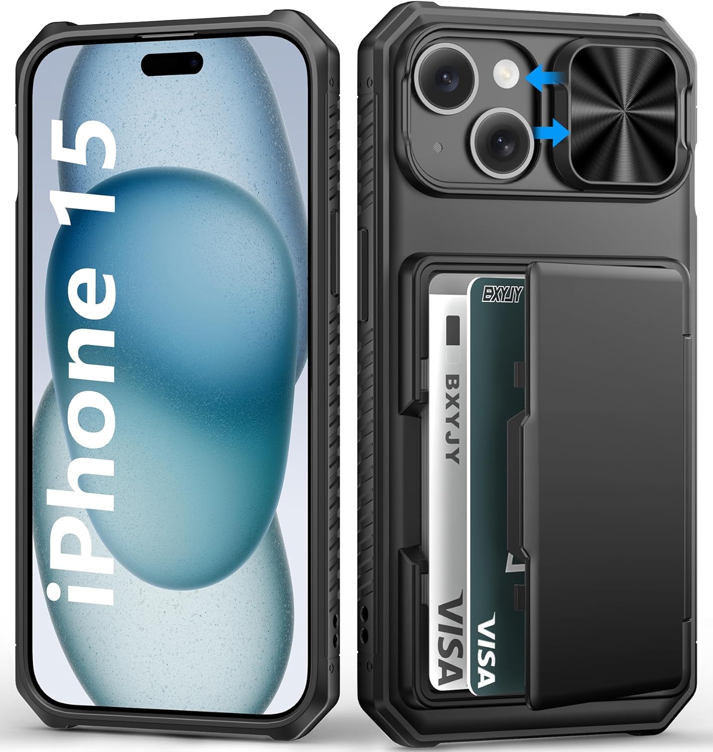 for iPhone 15, iPhone 14, iPhone 13 Wallet Case with Card Holder(4-5 Cards), Slide Camera Cover, Military Drop & RFID Protection, Heavy Duty Women Men Phone Case for iPhone 15/14/13, Black Black iPhone 15/14/13, 6.1"