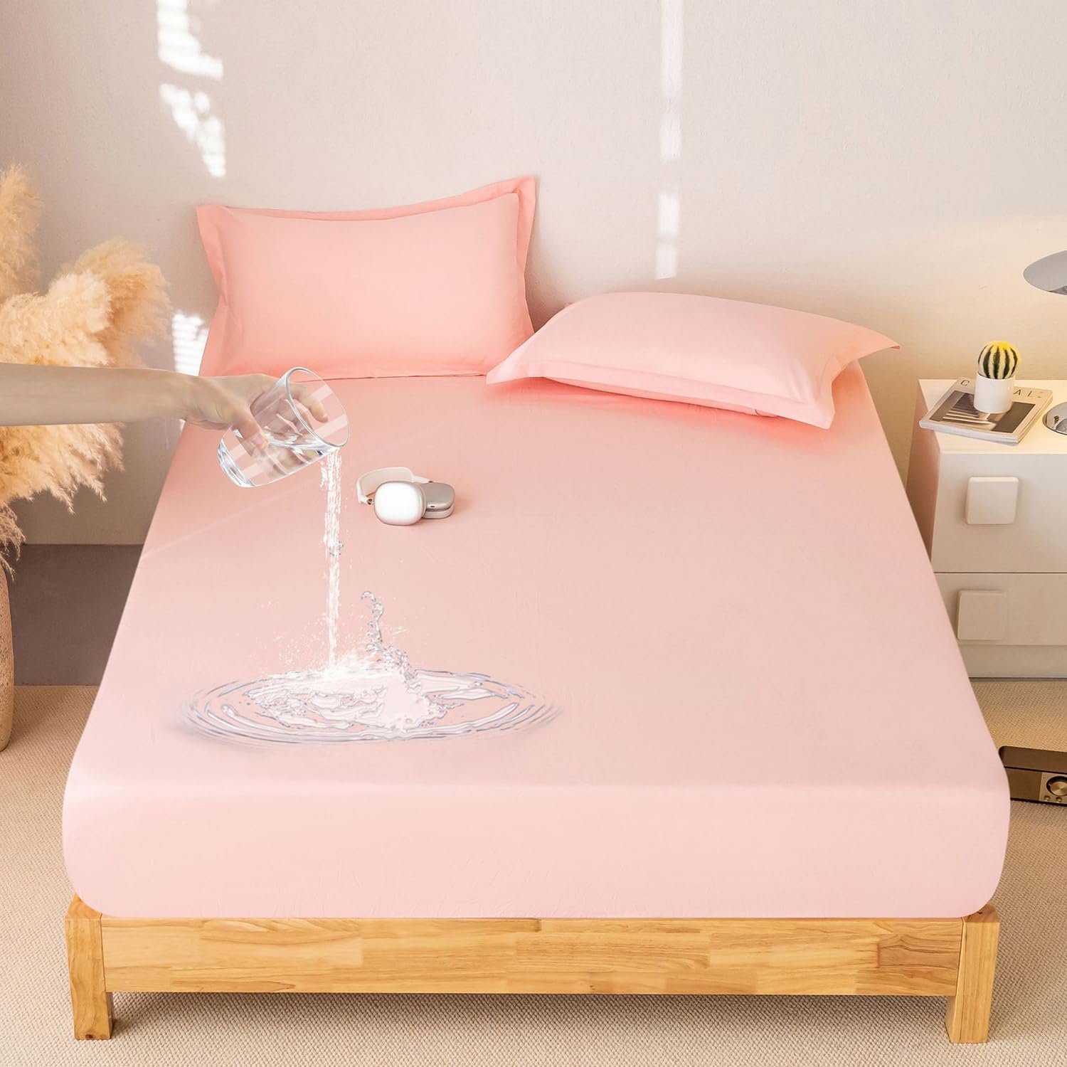 Thin Waterproof Mattress Protector Queen King Brushed Mattress Cover Breathable Fitted Sheet Skin Friendly Mattress Pad Cover Deep Pocket 10In for Bedroom Dorm Room,Khaki,100x200cm(Twin)