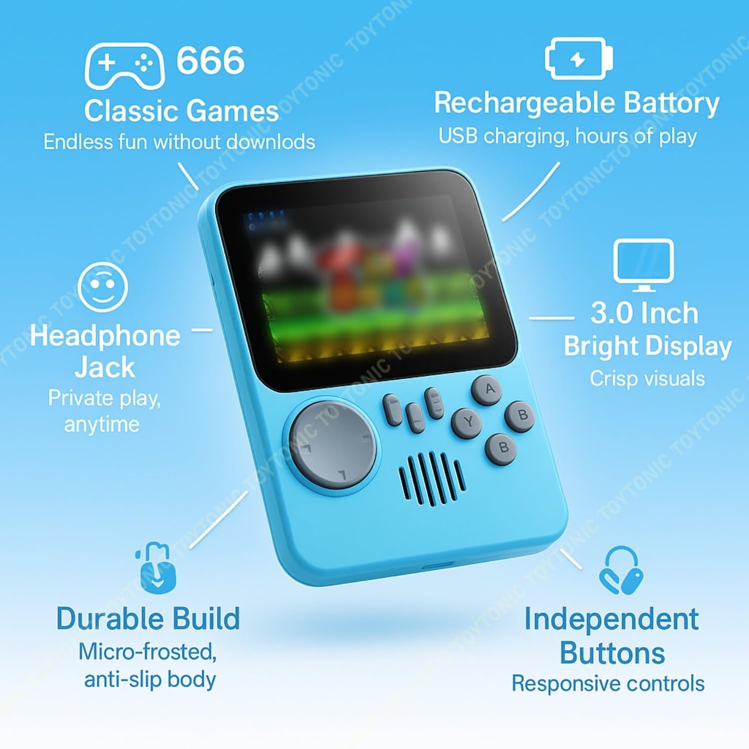 TOYTONIC Retro Handheld Gaming Console for Kids & Adults – 666-In-1 Built-in Classic Video Games – Rechargeable Game Console for Boys 7-14 Years – TV Output – Portable Toy Gift image 2