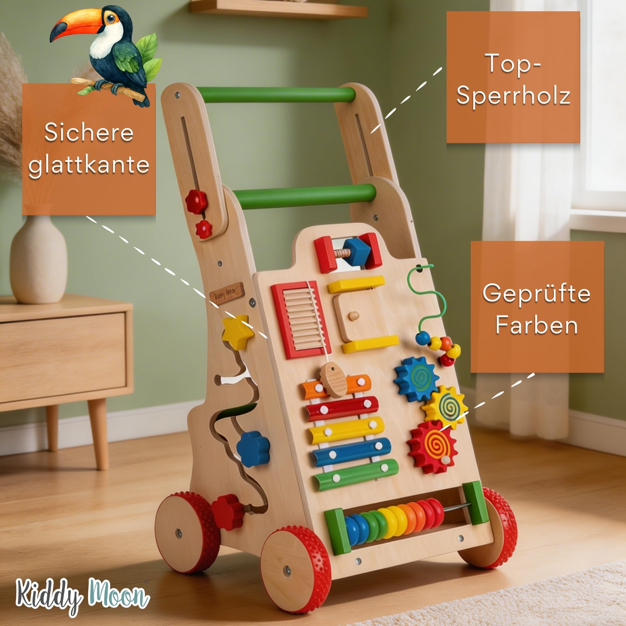 KiddyMoon Lauflernwagen Aus Holz Für Kinder Lauflernhilfe Spaß Babys, Laufen Lernen, Multifunktion Holzspielzeug Für Kleinekinder Montessori-Spielzeug, WK-002, Mehrfarbig