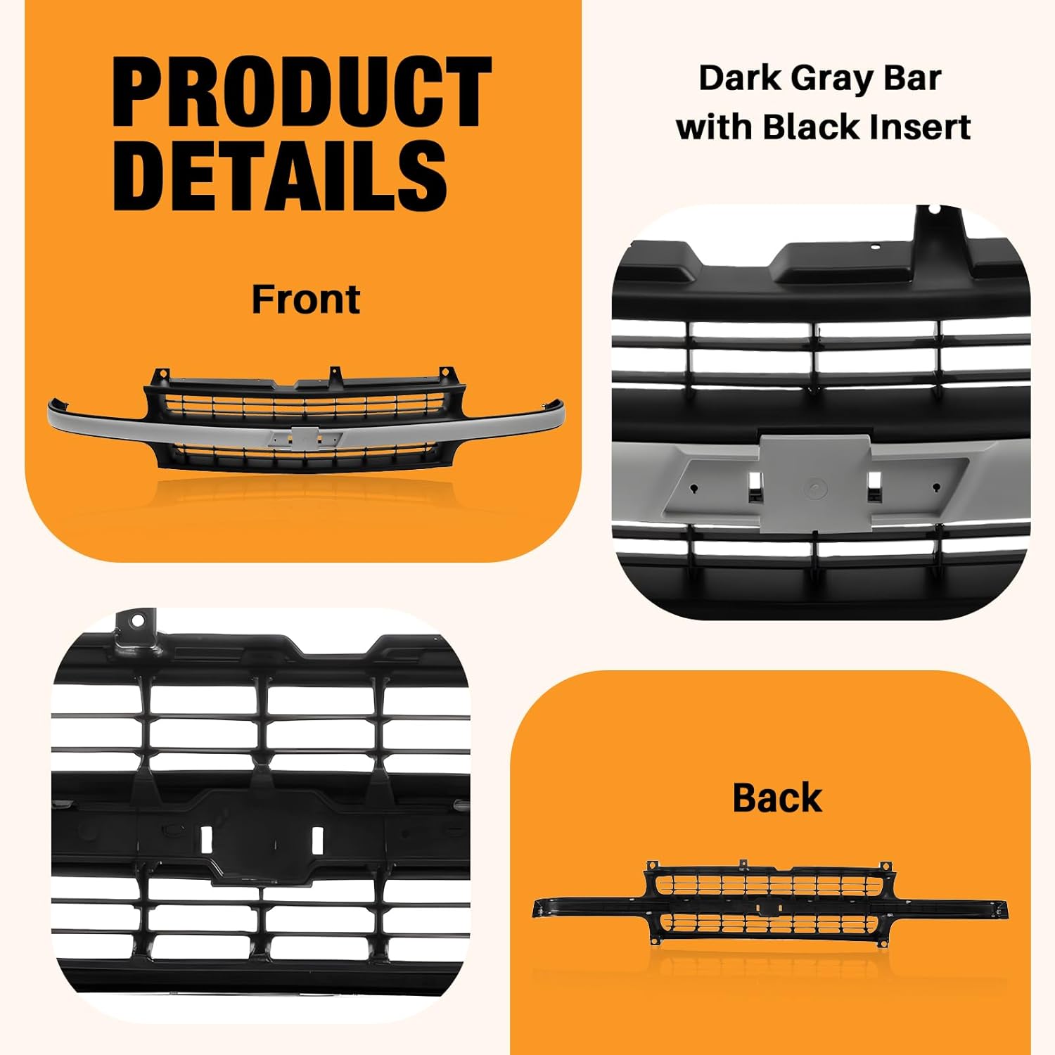 CarPartsDepot Front Grille Shell and Insert Compatible With Chevrolet Chevy Silverado 1500 2500 1999-2002 & Suburban Tahoe 2000-2006 (Dark Gray Bar with Black Insert)