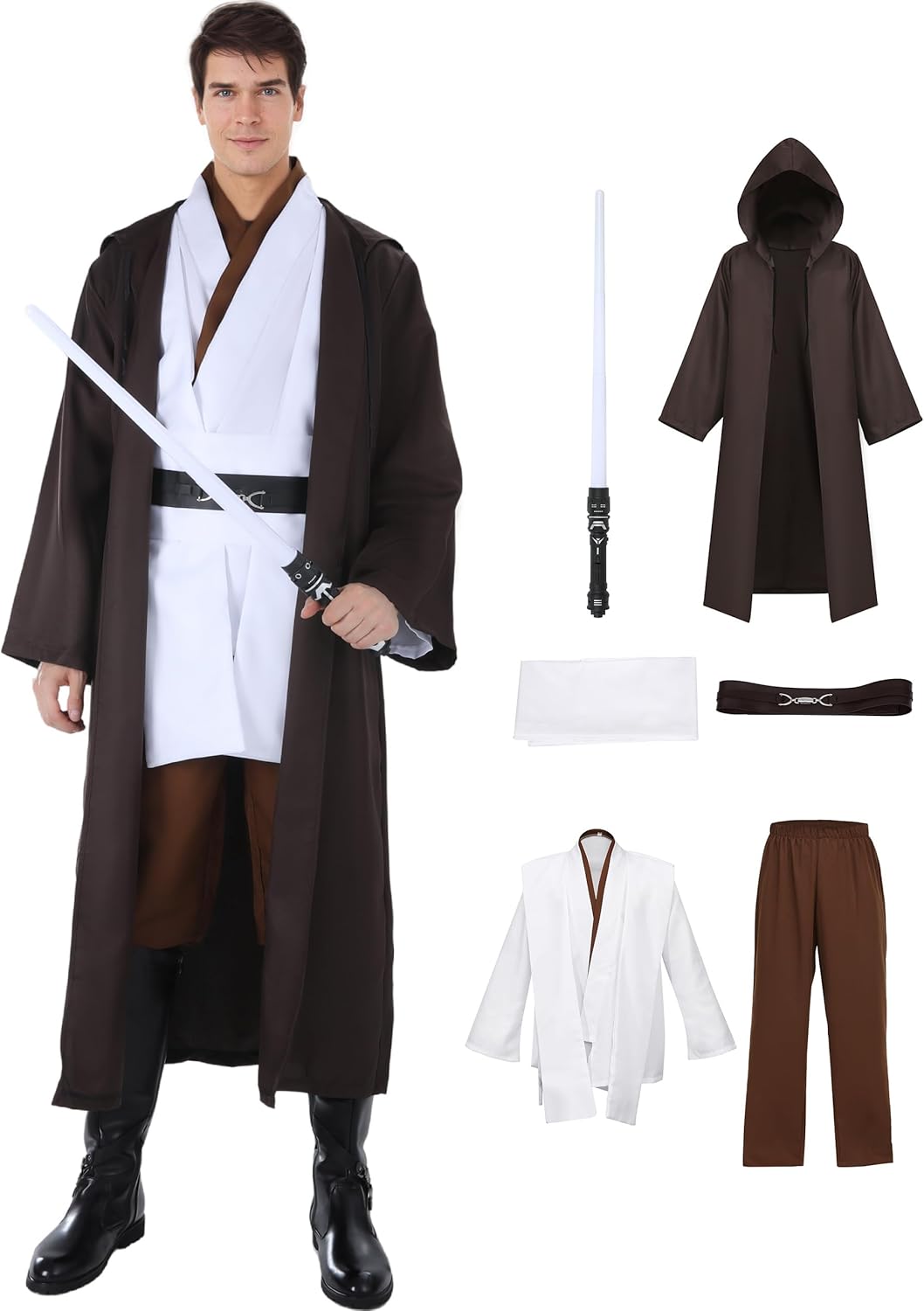 Halloween Knight Costume Men Tunic Hooded Robe Full Set with Lightsaber Halloween Cosplay Outfits