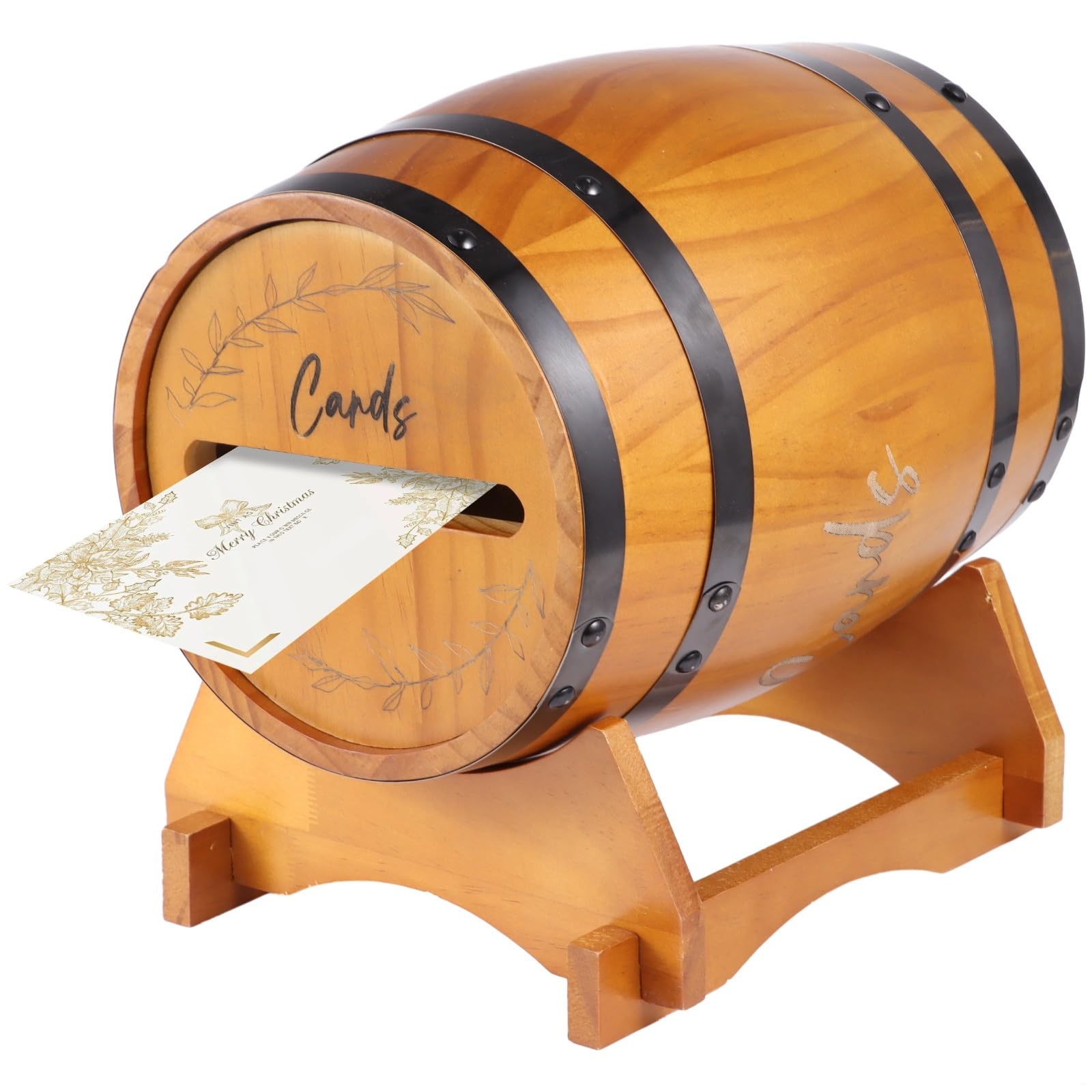 Rustykalne drewniane pudełko na karty ślubne, vintage beczka na whisky, uchwyt na karty podarunkowe 5 l, na ukończenie szkoły, imprezę, urodziny, solidna konstrukcja ze stabilną podstawą