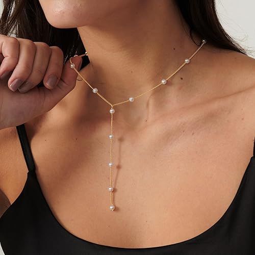 Miniatura 6 de VRIUA Pearl Necklaces for Women - 14k Gold Plated Dainty Pearl Necklace Simple Gold Pearl Necklace Everyday Minimalist Necklaces for Women