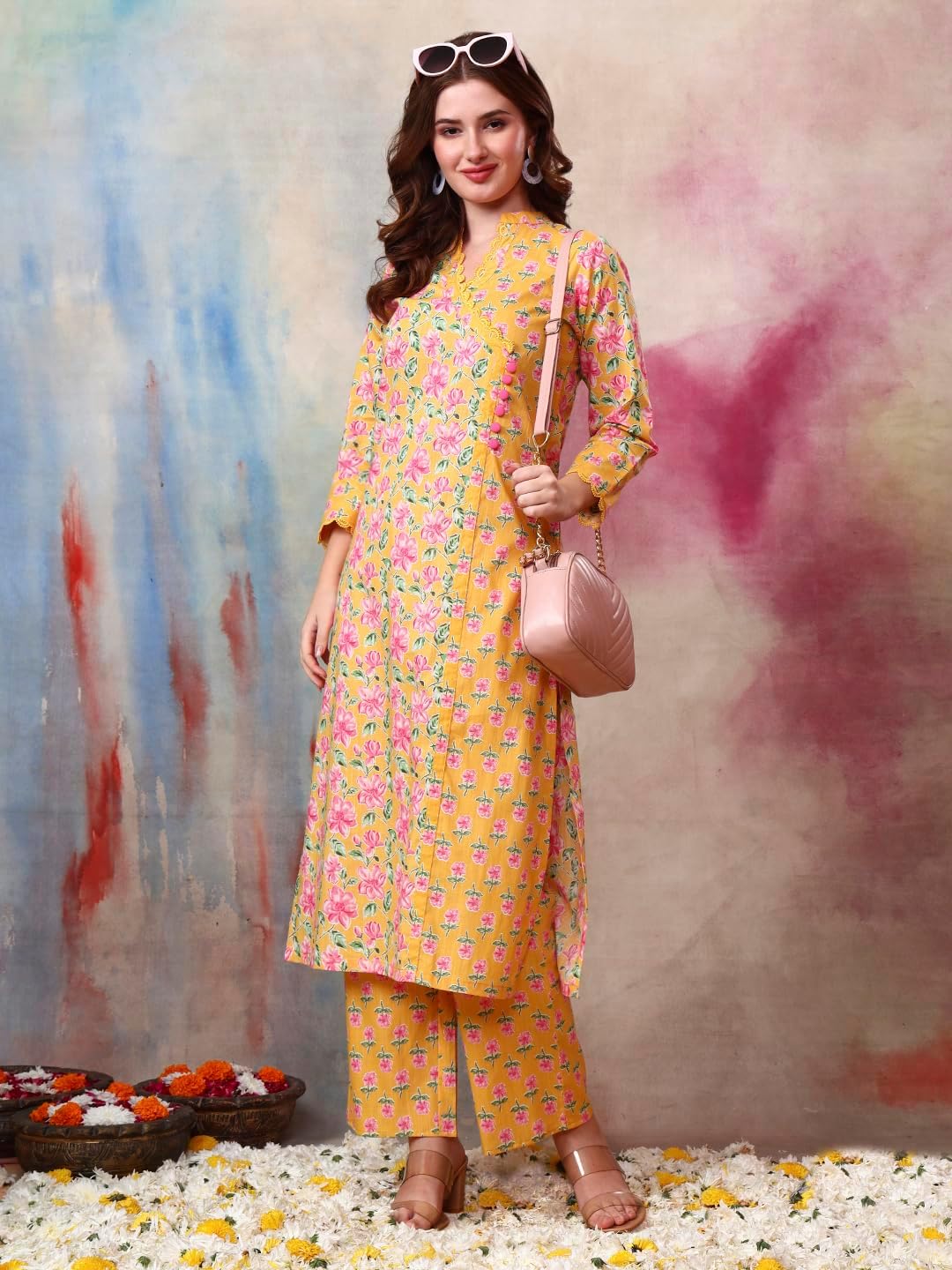 Tissu Women's Cotton Slub Yellow Floral Printed Kurta with Trouser Pant