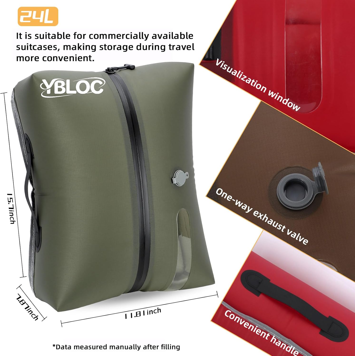 YBLOC Reusable Vacuum Compression Travel Bag - 1-Pack 24L Space Saver Bag, IP67 Waterproof TPU Vacuum Bags for Luggage, Carry-On & Backpack Travel, Blankets, Seasonal Storage(1 PC/24L)