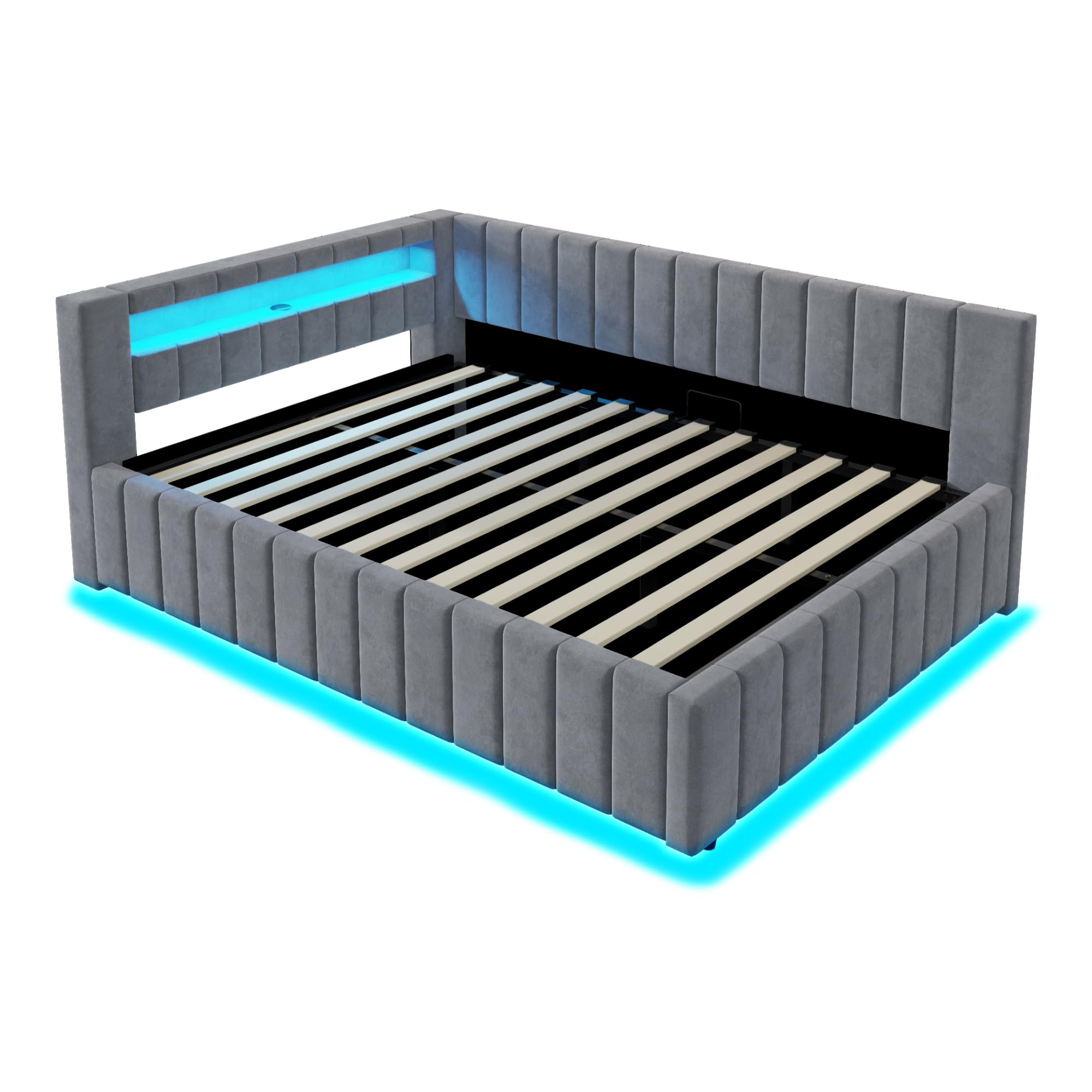 Letto imbottito divano letto 140 x 200, letto matrimoniale con vano portaoggetti idraulico, con luce LED e funzione di ricarica USB, letto giornaliero per ragazzi con rete a doghe, tessuto di