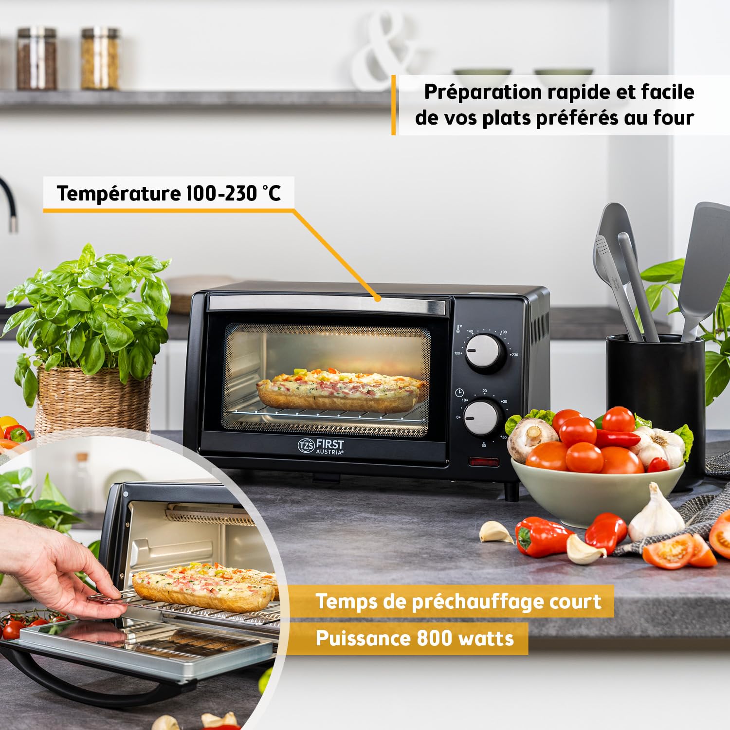TZS First Austria - Mini-Four 10L 800W - Four avec réglage de la température jusqu'à 230°C - Avec minuteur de 60 min, 2 hauteurs d'insertion, plaque et grille - Pour petites cuisines et camping