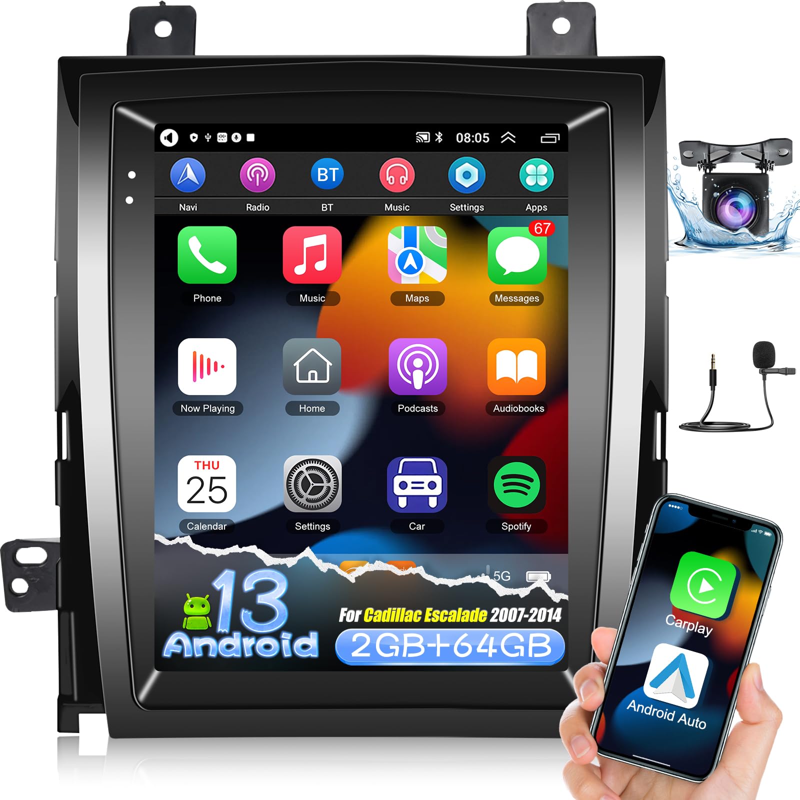 Photo 1 of [2G+64G] for Cadillac Escalade Radio 2007 2008 2009 2010 2011 2012 2013 2014, 9.7 inch Vertical Touch Screen Android Car Stereo with Carplay/Android Auto/Hi-Fi Audio/Bluetooth/1080P/SWC
